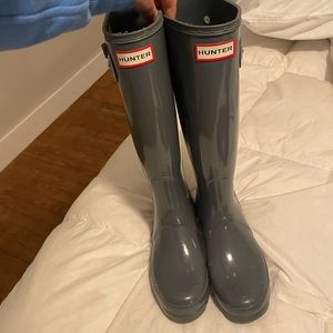 Tall gray hunter rain boots